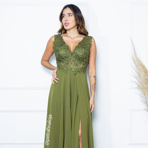 VESTIDO DECOTE V RENDA BORDADO VESTIDO DE FESTA PETRA FINA